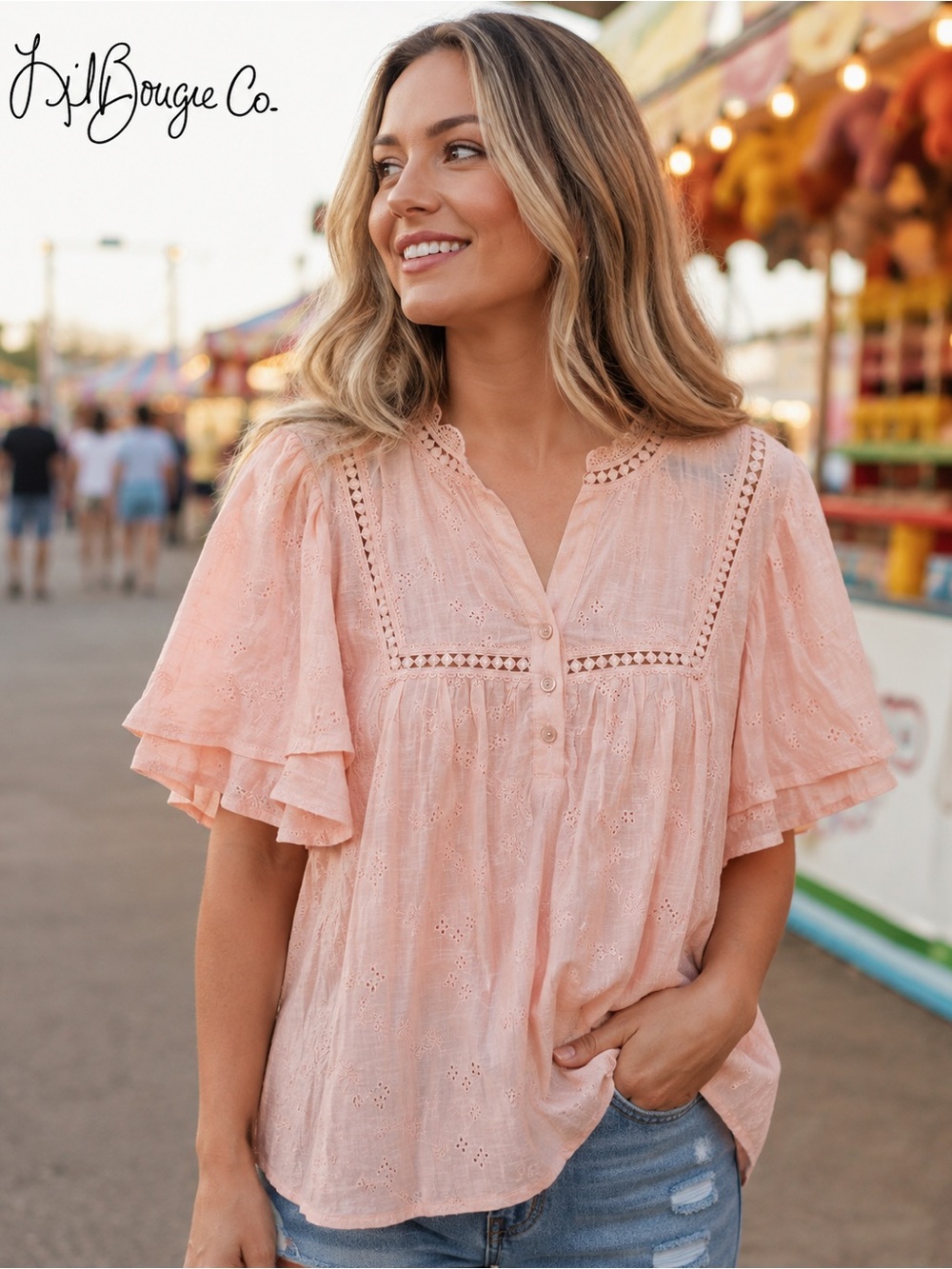 Vintage Threads Peach Eyelet Flutter Sleeve Top - Size XL